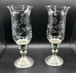 Kirk Weighted Pewter Candlesticks Etched Glass Hurricane Shades Set Of 2 -A95